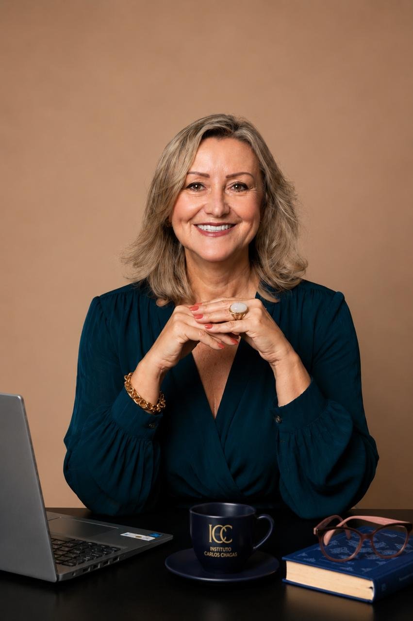 Dra. Vera Garcia em retrato profissional com blusa azul-escura